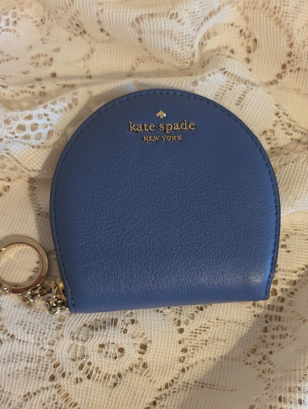 kate spade blue leather keyring coin pouch with gold logo